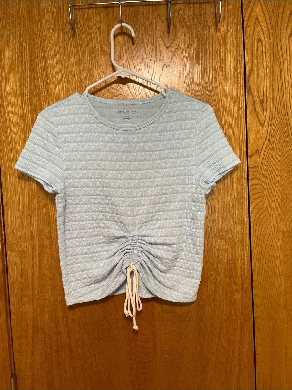 American Eagle Outfitters Pale Blue Drawstring Ruched Crop Top